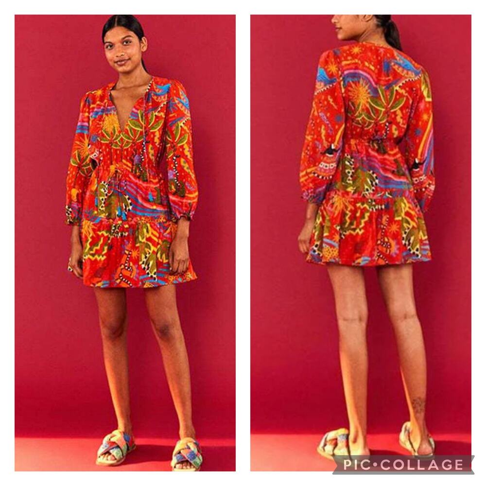 Farm Rio Magic Forest Cotton Mini Dress V-Neck Long Sleeve Beaded Tassels sz M
